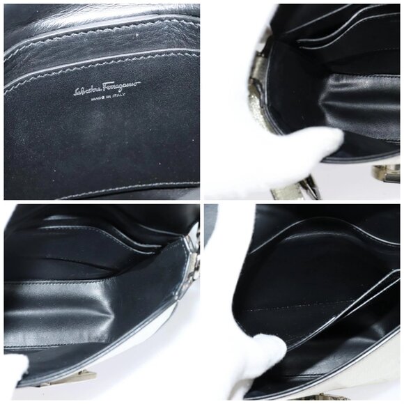 Salvatore Ferragamo Gancini Bag Leather Champagne Gold Silver Auth - Picture 15 of 16